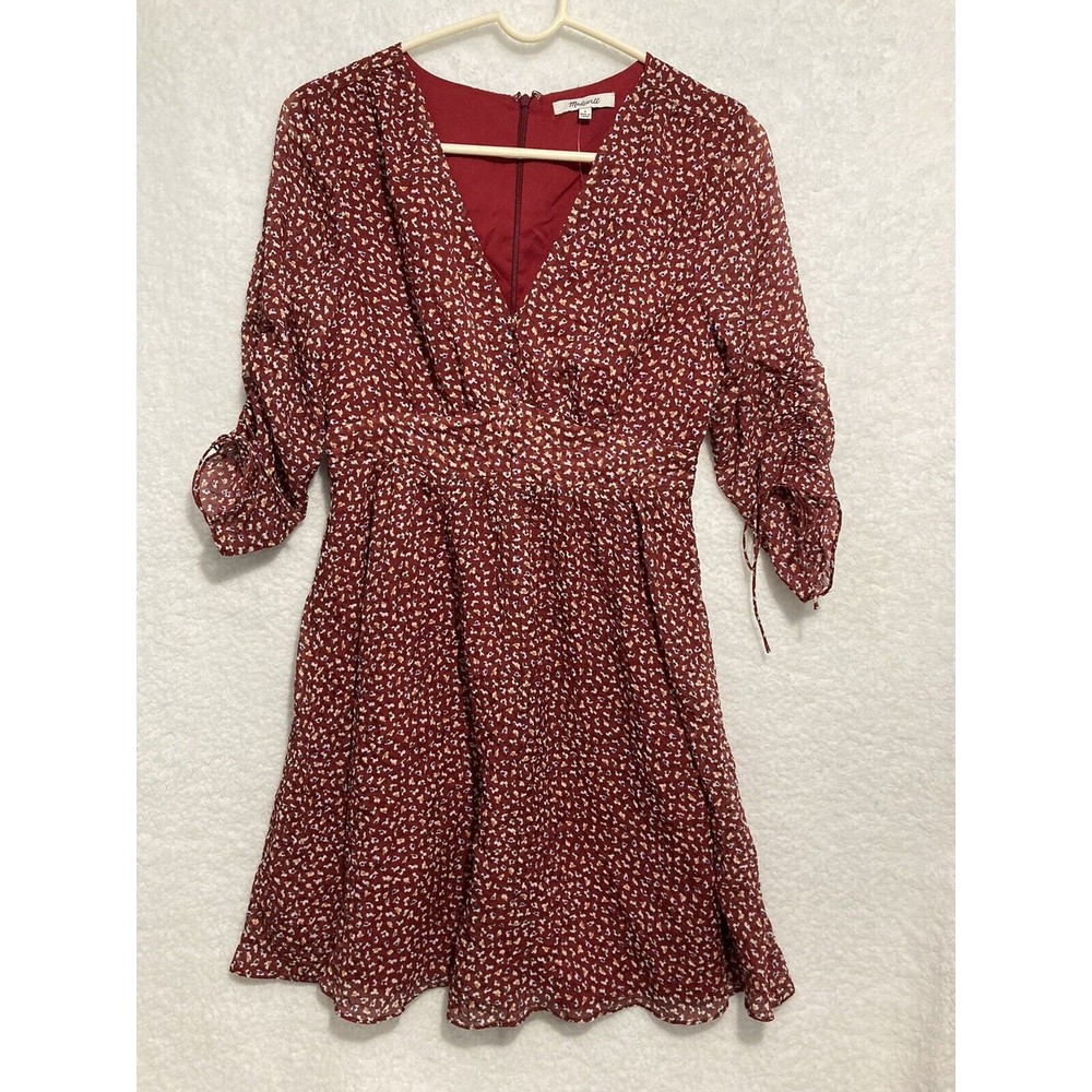 Madewell Floral Dress Size 2 Small tie-sleeves knee length V-neck Burgandy